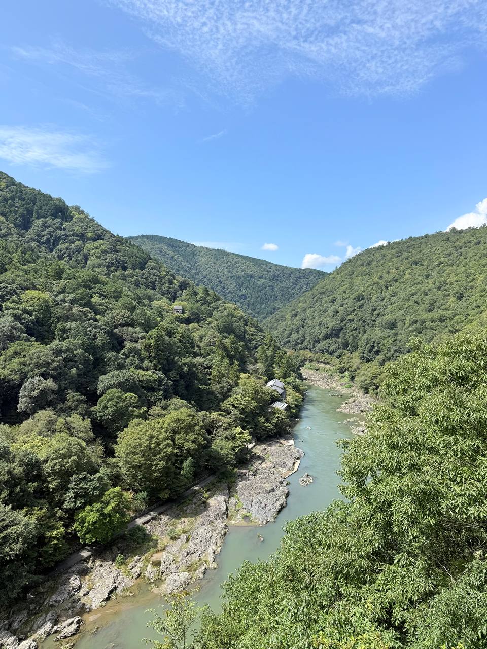 A river winding through a green mountain valley