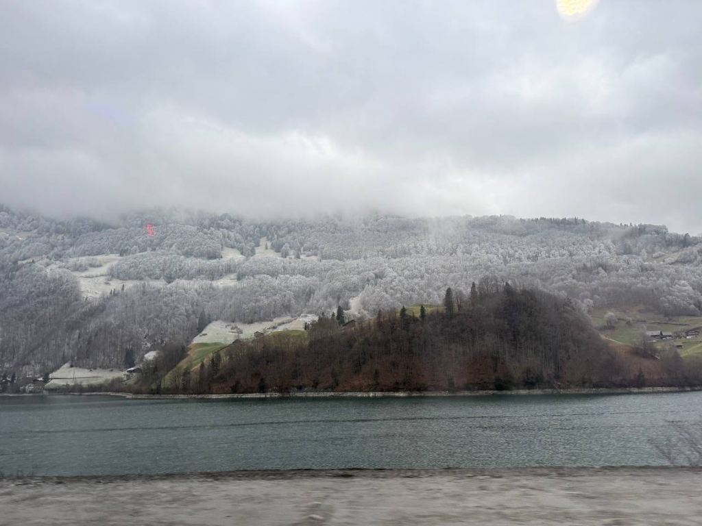 A lake beside forested hills covered in winter snow